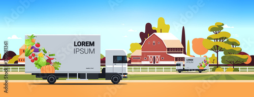 truck trailers with organic vegetables on country road natural vegan farm food delivery service vehicle with fresh veggies farmland countryside background horizontal vector illustration