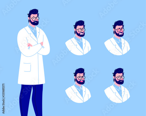 Doctor character creation set with various emotions. Isolated. Male doctor.
