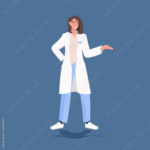 female scientist pointing hand woman researcher in white coat showing something medical laboratory worker concept full length vector illustration