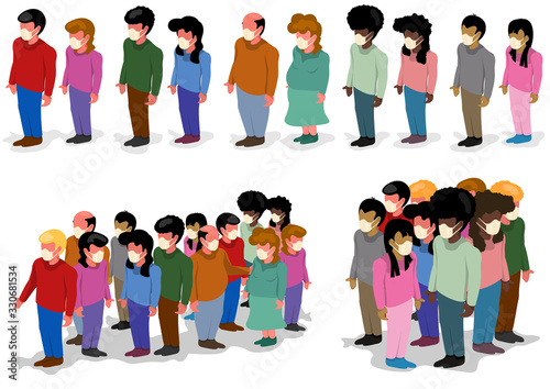 Illustration of a Crowd of People with Medical Face Masks - Epidemiological Theme of Protecting People Against Viral Infection, Vector