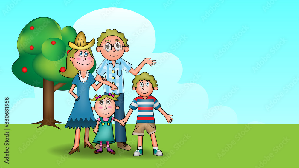 The cute cartoon illustration picture of the family, which include father, mother, son and daughter. ( vector )