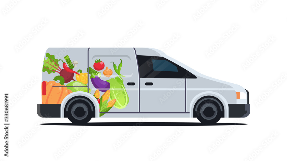 realistic van with organic vegetables natural vegan farm food delivery service vehicle with fresh veggies horizontal flat vector illustration - obrazy, fototapety, plakaty 