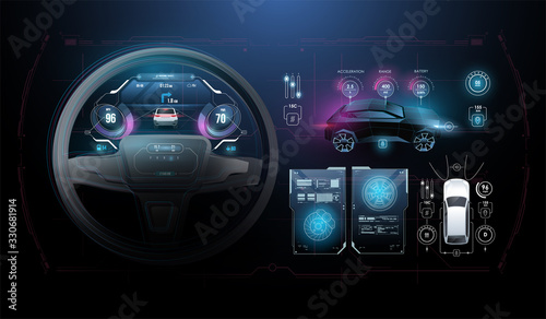Speed hud kilometer performance indicators dashboard. Car Instrument Panel. Tachometer, Data Display and Navigation. Virtual graphical interface Ui HUD Autoscann. Virtual graphic.