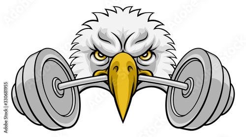 An eagle head barbell lifting weight gym cartoon mascot