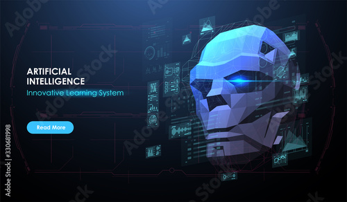 Vector illustration of robot head created in low poly style. AI. Artificial intelligence concept. Web banner layout template with HUD futuristic interface.