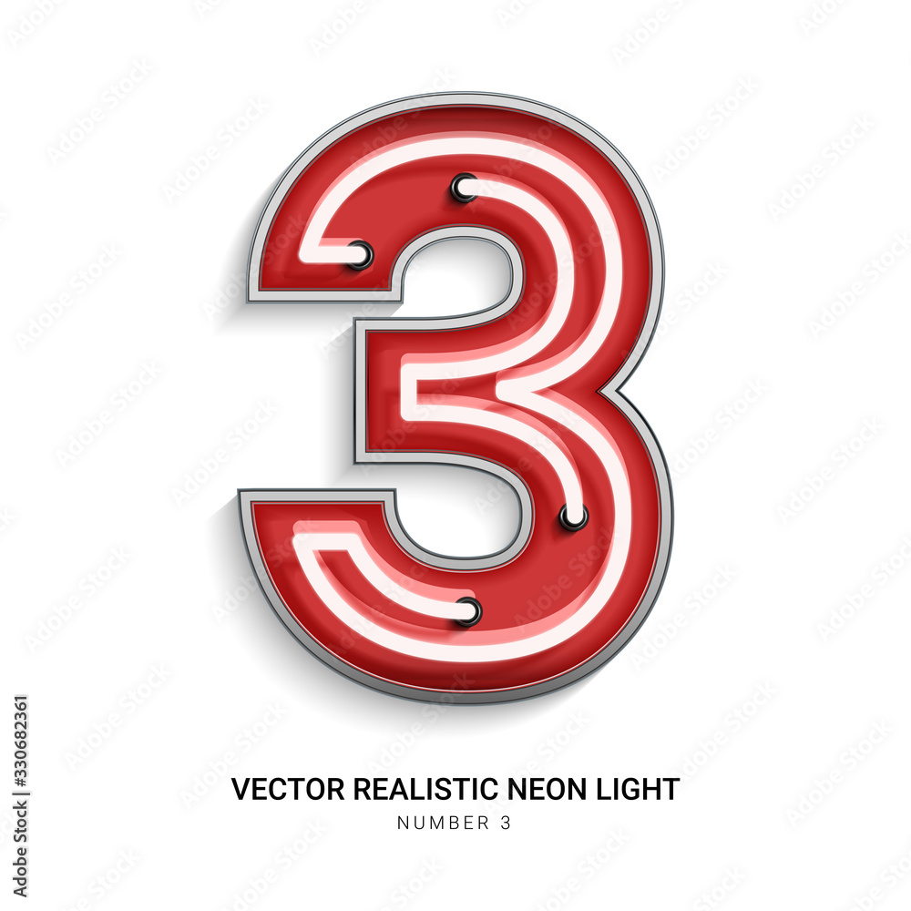 Red neon Colorful on Number 3. All elements are Isolated on white background. 3d Realistic vector illustration Red neon Colorful on Number 3. All elements are Isolated on white background. 3d Realistic vector illustration