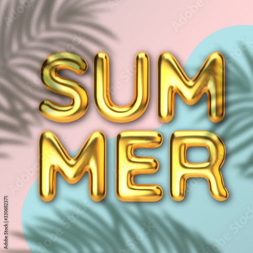 Hello summer, summertime. Background of tropical plants and golden inscription. Palm leaves, jungle leaf. Realistic 3d illustration. The poster for sale and an advertizing sign. Vector illustration