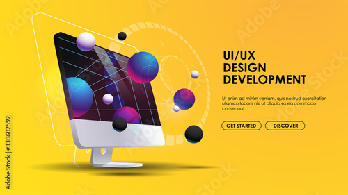 Development software. Technology business programming and coding app. Cross platform development website. Creative layout internet page or web interface with pc monitor.