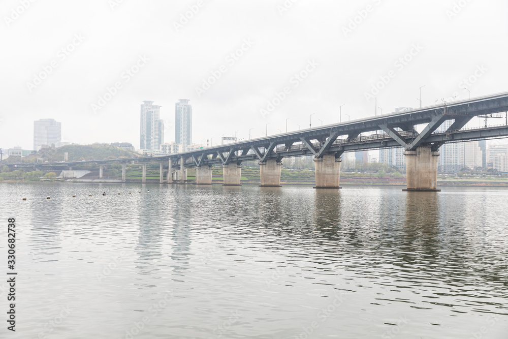 Seoul Han River rainy day park view