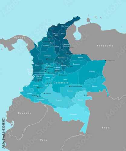 Vector illustration. Simplified administrative map of Colombia and border with neighboring countries. Blue background of Pacific Ocean and Caribbean Sea. Names of big cities and departments (regions). photo