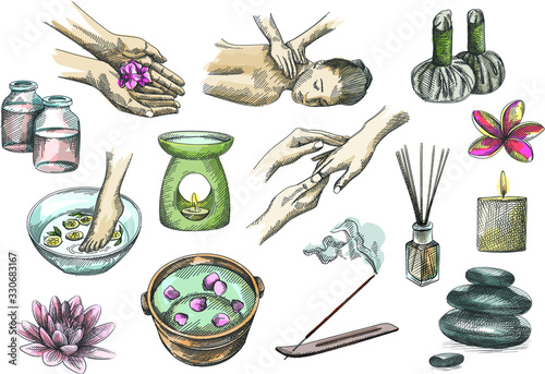 Colorful hand-drawn sketch of spa set tools. Flower in hands, foot soaking in a small bowl with lemons, a small bowl with flower petals, back and hands massage, herbal pouches, candle burner, herb jar