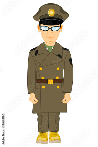 Military in overcoat on white background is insulated