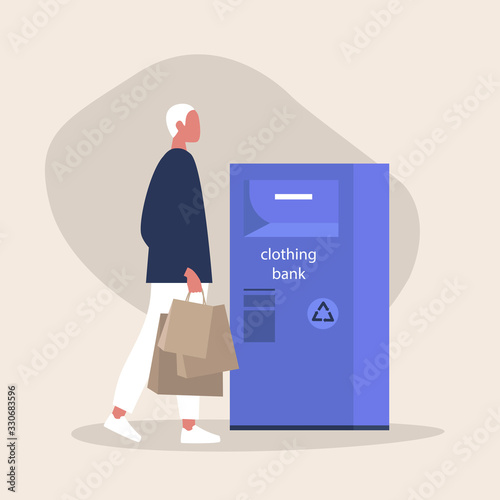 Clothing bank, Young male character holding paper bags with used clothes, recycling