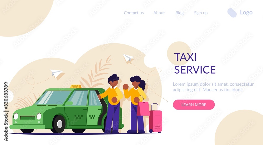 The taxi driver helps the girl with the luggage. People stand near a yellow car. Modern flat vector illustration. Landing web page template.
