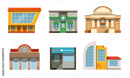 Public Buildings Facades Collection, City Street Architectural Elements Vector Illustration