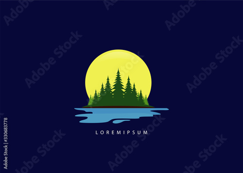 Wanderlust island logo - Lake, moon, tree  vector icon