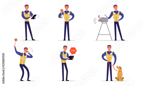 Traffic Police Officer in Uniform Collection, Policeman Standing at Crossroads and Making Signs with his Hands Vector Illustration