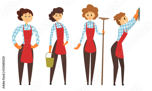 Female Worker of Cleaning Service in Apron with Different Tools Collection, Housewife Doing Everyday Domestic Routine Vector Illustration