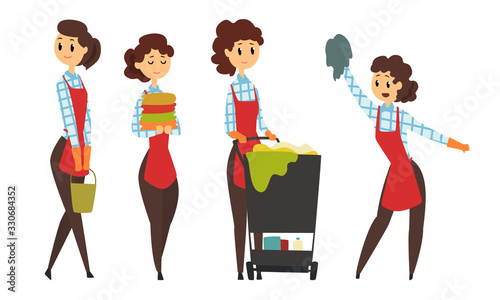 Female Worker of Cleaning Service in Apron with Different Tools Collection, Housewife in Everyday Routine Vector Illustration