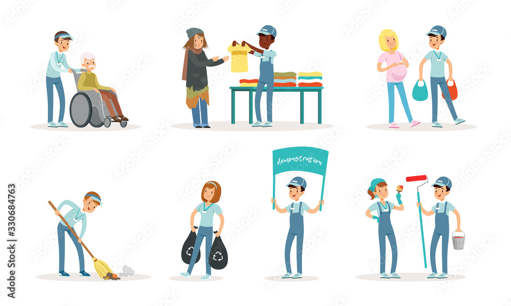Volunteers Collection, Guys and Girls Helping Seniors, Painting Walls, Supporting People in Need, Cleaning Streets Vector Illustration
