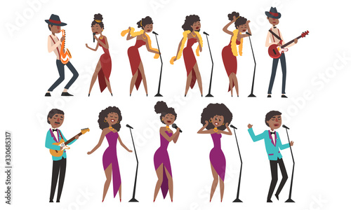 Jazz Band, African American Men and Women Singing and Playing Different Musical Instruments Vector Illustration © topvectors