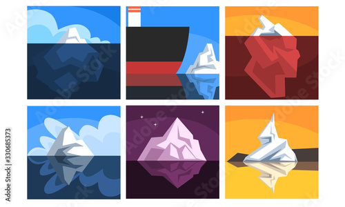 Collection of Icebergs Floating on Water with Underwater Parts, Beautiful Nothern Landscape Vector Illustration