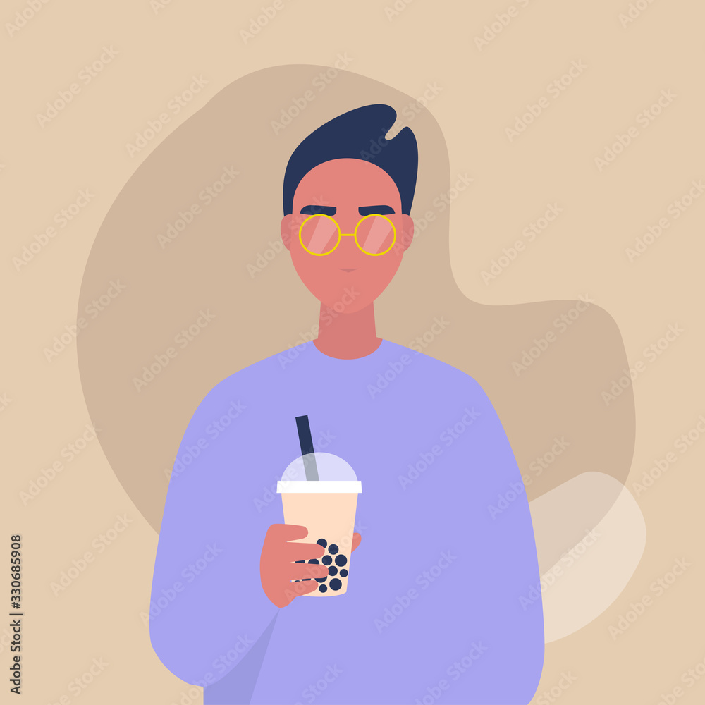 A portrait of a young male character holding a take away cup of bubble milk tea, lifestyle and food