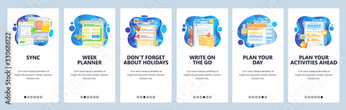 Orginizer and task management app. Planner, note taking, to do list manager. Mobile app onboarding screens. Menu vector banner template for website and mobile development. Web site design illustration