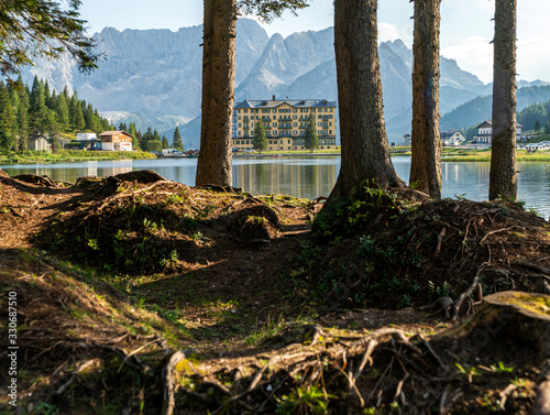 view of auronzo lake among the trees photo