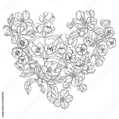 Flowering branches of apple, jasmine and quince on white. Heart shaped composition. Vector. Perfect for greeting cards and invitations or an element for your design.
