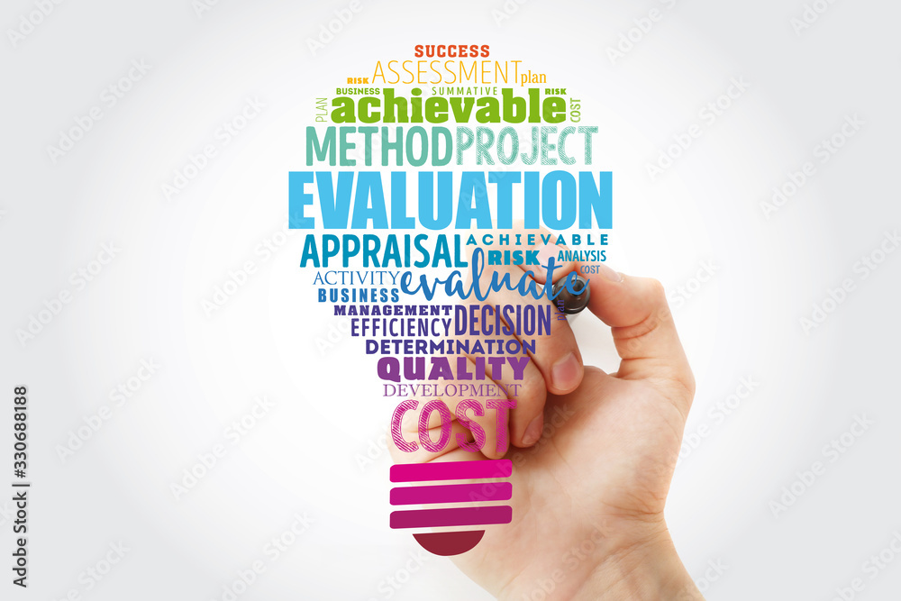 Evaluation light bulb word cloud collage, business concept background Evaluation light bulb word cloud collage, business concept background