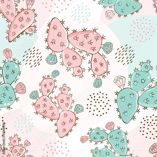 Hand drawn pink and green cacti with flowers seamless pattern. Abstract modern background in Scandinavian style. Exotic plant. Design for textiles, fabric, packaging paper, Wallpaper
