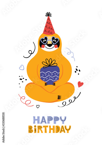 Cute kawaii sloth with a gift. Cartoon baby bear at a party. Birthday of a funny sloth. Scandinavian flat vector illustration. Design for t-shirt, poster, greeting, birthday card, sticker.