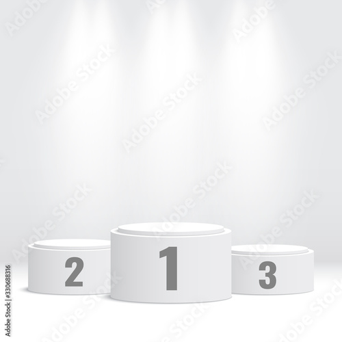 White winners podium with spotlights. Pedestal. Vector illustration.