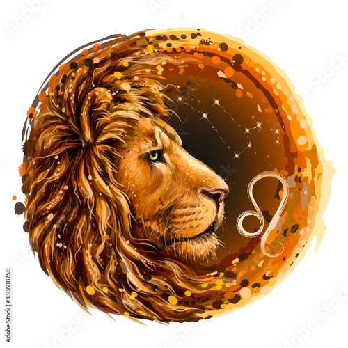 Leo is the sign of the zodiac. Artistic, color, drawn image of the zodiac Leo with a symbol and star scheme in watercolor style on a white background.