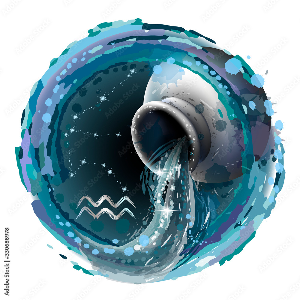 Aquarius is a sign of the zodiac. Artistic, color, drawn image of the Aquarius zodiac with a symbol and star scheme in watercolor style on a white background. - obrazy, fototapety, plakaty 