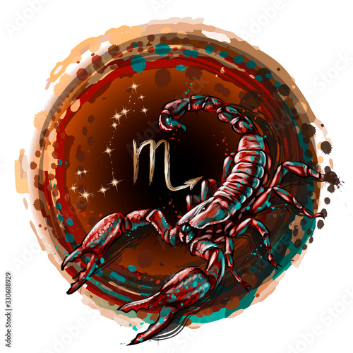 Scorpio is a sign of the zodiac. Artistic, color, hand-drawn image of the zodiac Scorpio with a symbol and star scheme in watercolor style on a white background.