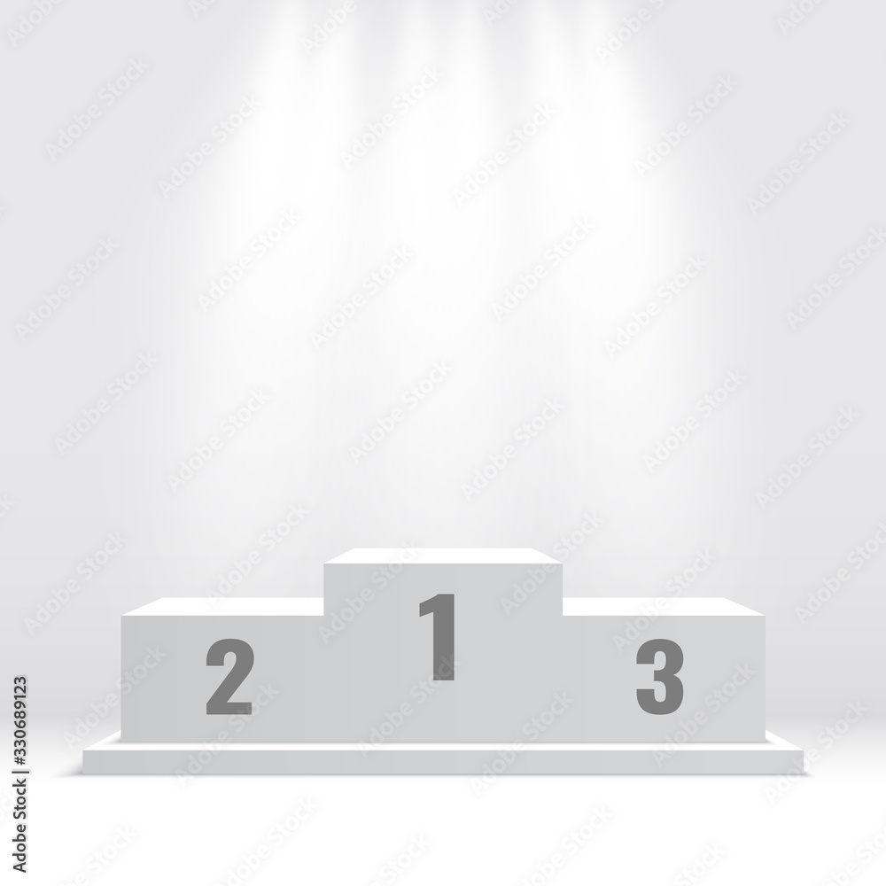 White winners podium with spotlights. Pedestal. Vector ilustration.