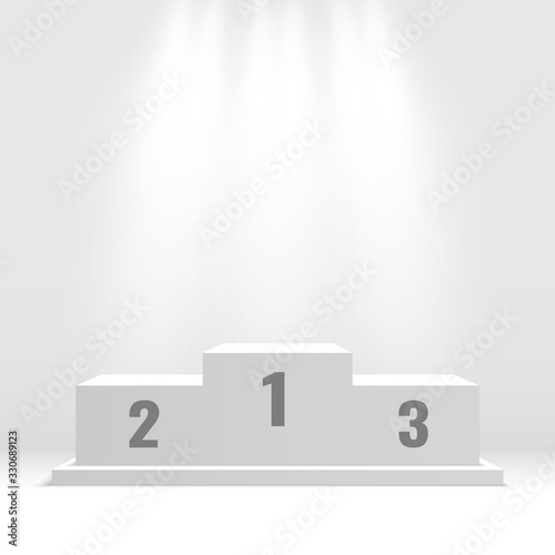 White winners podium with spotlights. Pedestal. Vector ilustration.