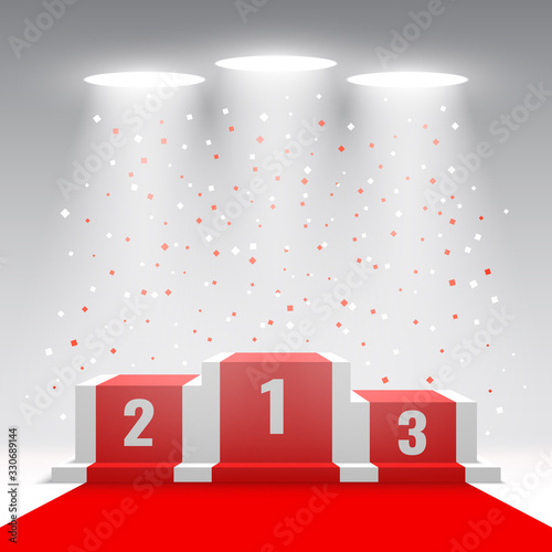 White winners podium with red carpet and confetti. Stage for awards ceremony with spotlights. Pedestal. Vector illustration.