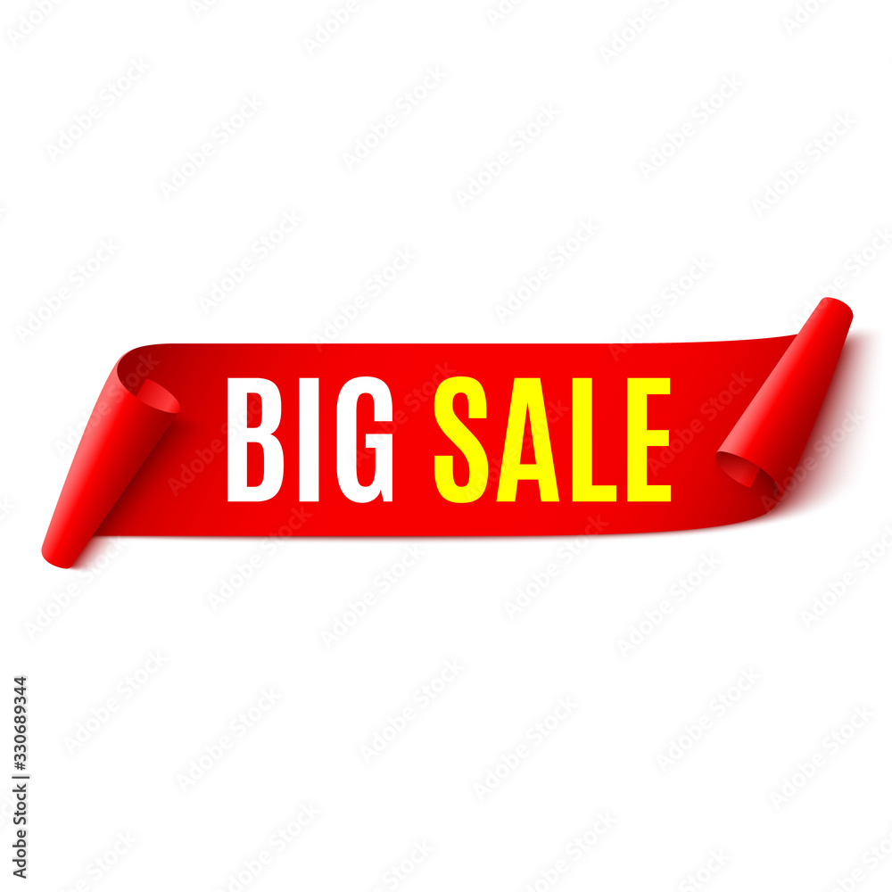 Big sale banner. Red ribbon. Sticker. Paper scroll. Vector illustration. Big sale banner. Red ribbon. Sticker. Paper scroll. Vector illustration.