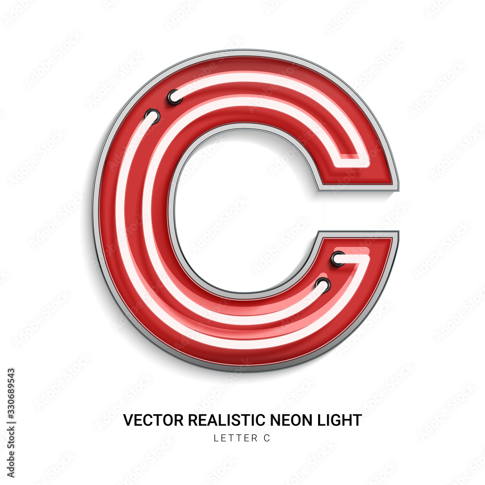 Red neon Colorful on Font C. All elements are Isolated on white background. 3d Realistic vector illustration Red neon Colorful on Font C. All elements are Isolated on white background. 3d Realistic vector illustration
