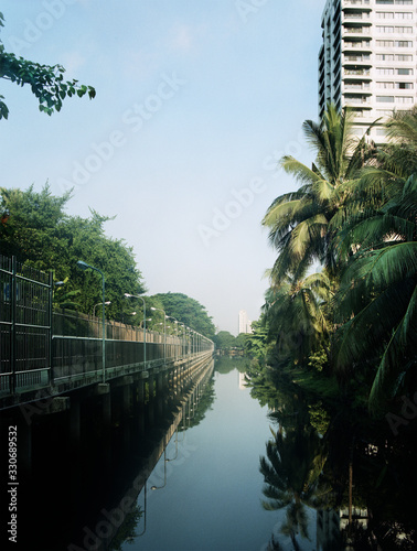 Calm river in Bangkok city center in the early morning