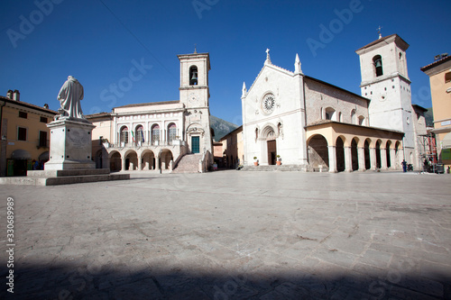 Norcia  PG   Italy - May 25  2015  Town hall and church of San Benedetto  Norcia  Umbria  Italy  Europe