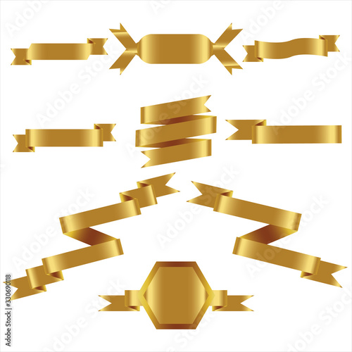 GOLD Ribbon Set In Isolated For Celebration And Winner Award Banner White Background, Vector Illustration can use for anniversary, birthday, party, event, holiday And others.