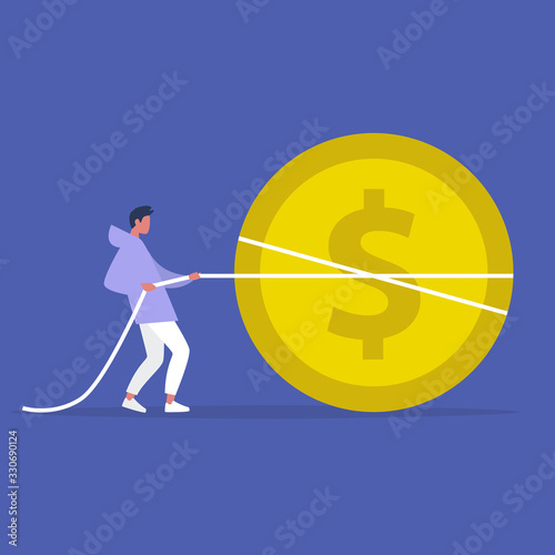 Startup funding  young male character pulling a dollar coin  tug of war business  attracting investments