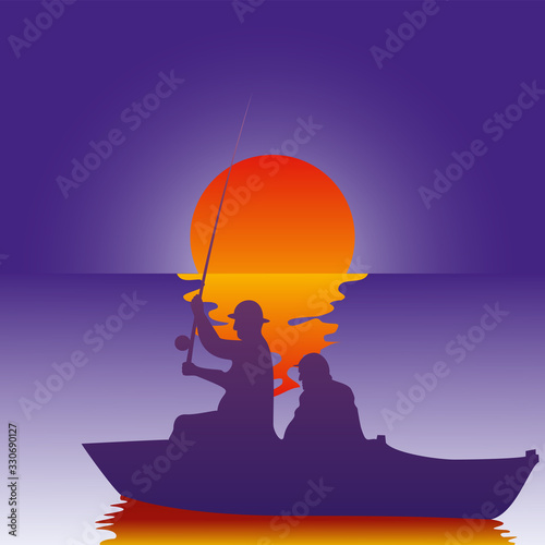 Vector illustration background fisherman on the boat fishes at sunset.