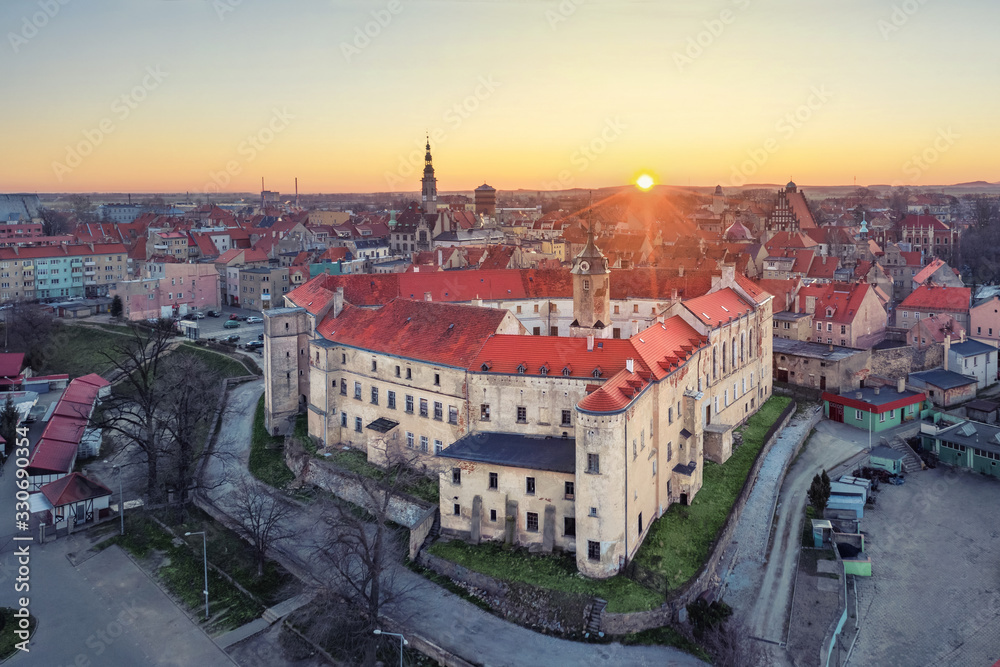 Jawor, Poland. Aerial view of historic Piast dynasty castle (Zamek Piastowski w Jaworze) on Sunrise