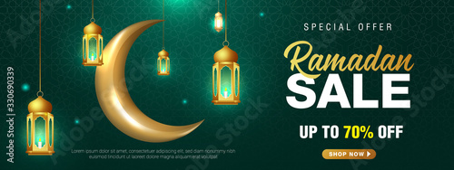 Special Offer Ramadan Sale Islamic Ornament Lantern crescent Moon Banner Template. Suitable for social media post and internet web header design ads. vector illustration