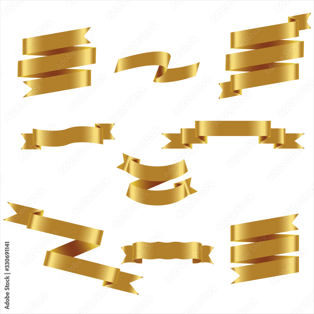 GOLD Ribbon Set In Isolated For Celebration And Winner Award Banner White Background, Vector Illustration can use for anniversary, birthday, party, event, holiday And others.